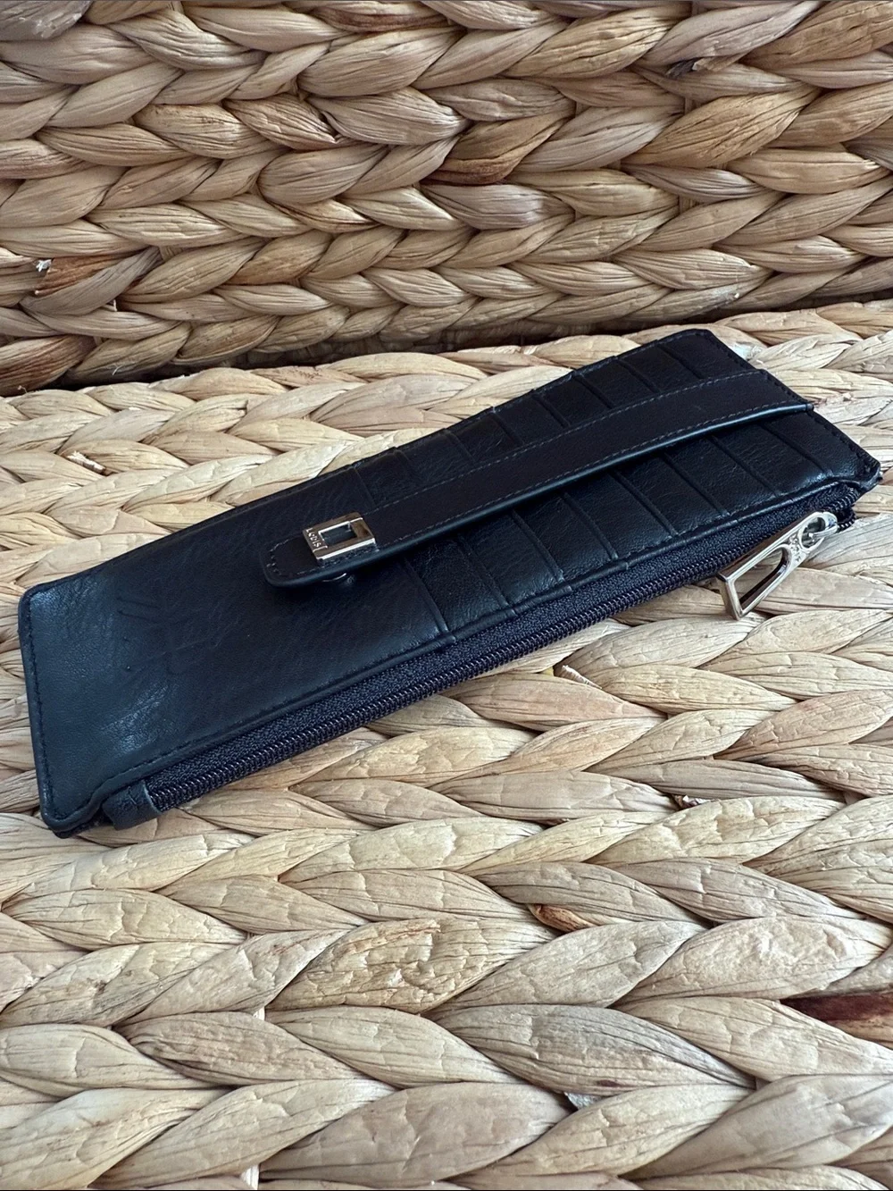 Lodis Black Leather Zip Card Holder with Strap and Silver Buckle